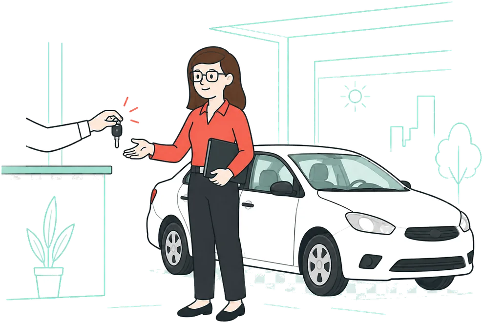Fernanda alugando o carro no balcão da locadora
